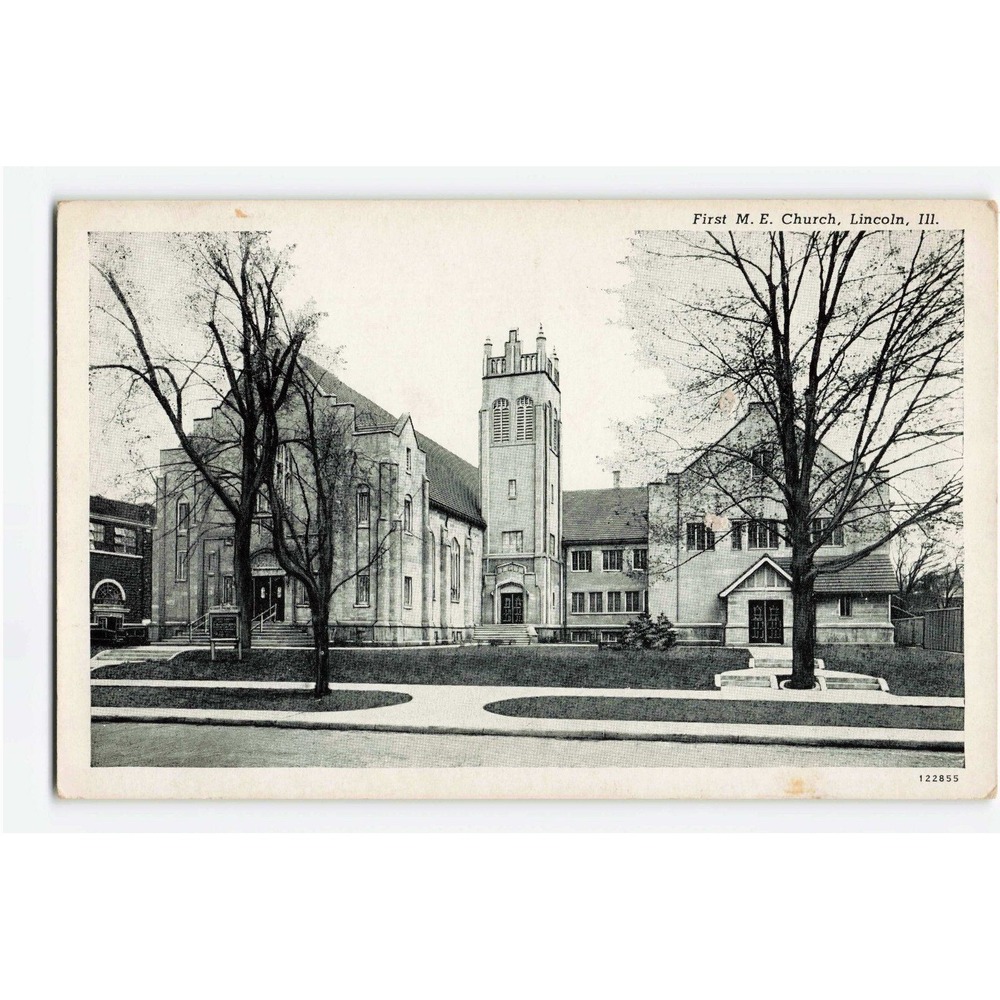Vintage First M. E. Church Lincoln Illinois Postcard C.T. Photo-Finish BW